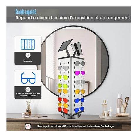 Porte-lunettes de soleil pivotant, organisateur de lunettes de soleil pivotant à 360°, support d’exposition pour 44 lunettes, support pour lunettes de soleil avec miroirs pour magasin (1/5)