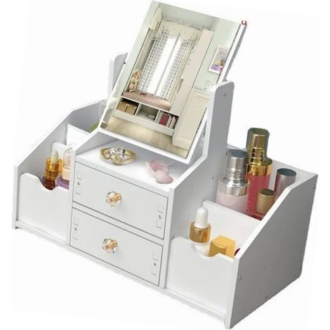 Tiroir de rangement cosmétique grande capacité en plastique avec miroir blanc (1/5)