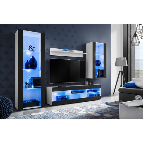 Komodee Ensemble de Meubles Tivoli Medio, Blanc/Noir, Largeur 245cm x Hauteur 159cm x Profondeur 35cm, LED Blu, 3 étagères, pour Salon, Chambre, Entrée (1/5)