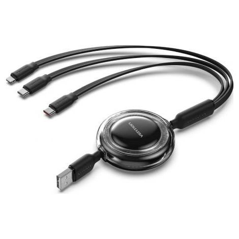 Cable USB Retráctil Vention TRJBBE/ USB Macho - Lightning/ 2xUSB Tipo-C/ Hasta 17.5W/ 10Gbps/ 1.1m/ Negro