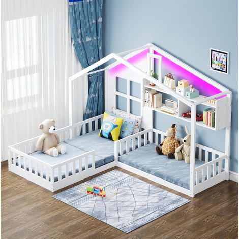 Lit cabane pour enfant 90x200 cm avec LED, étagères et garde-corps de sécurité, en bois, blanc, sans matelas (1/5)