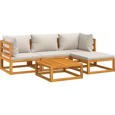 Salon de jardin meuble d'extérieur ensemble de mobilier 5 pièces avec coussins gris clair bois massif (1/5)