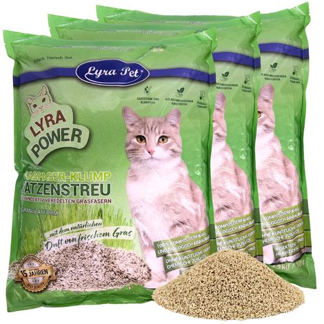 3 x 10 litres Lyra Pet® Lyra Power fibre d'herbe litière pour chats agglomérante