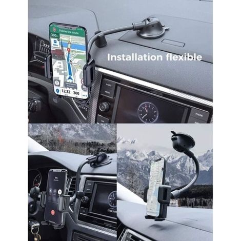 (Noir)Support Téléphone Voiture Ventouse, Porte Telephone Voiture pour Tableau de Bord et Pare-Brise, Long col de Cygne Flexible, (1/3)
