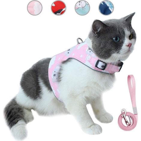 Anti-Flucht-Katzenleinen- und Geschirr-Set, verstellbare, atmungsaktive, reflektierende Haustierweste aus weichem Netz mit innovativer Anti-Verlust-Karte (XS, Pink) - Crezuo
