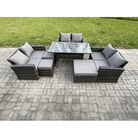 Fimous Polyrattan Gartenmöbel-Sets mit Länglicher Esstisch Doppelsitzsofa 3 Fußhockern Dunkelgrau gemischt (1/5)