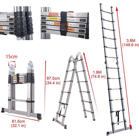 Teleskopleiter Klappleiter 3,8M(12.5FT) mit Stabilisator, Rutschfester Stehleiter 1,9M+1,9M Leiter aus hochwertigem Edelstahl, Ausziehleiter Mehrzweckleiter Belastbarkeit bis zu 150kg