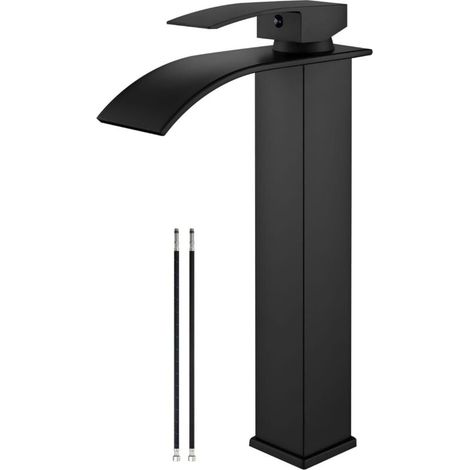 Robinet de lavabo noir mat, robinet de salle de bain à haute cascade, robinet de lavabo monotrou à poignée unique avec grand bec rectangulaire, robinet de lavabo de bar, meuble-lavabo (1/4)