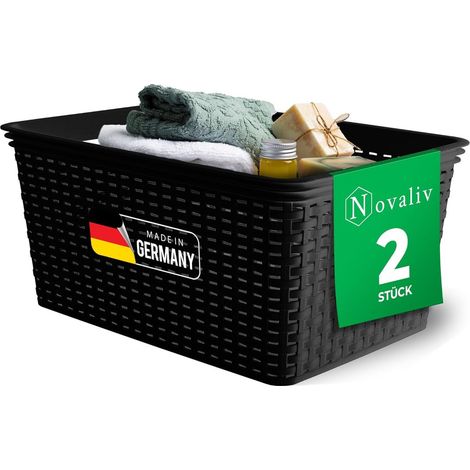 Panier de rangement élégant Novaliv 2 pièces aspect rotin Plastique noir 14L Parfait pour la salle de bain et le rangement des vêtements. Boîte