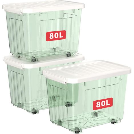 80L3 Boîtes de Rangement avec Couvercles, Boîte de Rangement en Plastique avec Clips et Roulettes, Empilables, Encastrables, pour Placard de Bureau à Domicile, Vert Transparent, 80L, Lot de 3 (1/5)