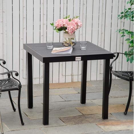Tavolo da giardino in alluminio nero quadrato con piano effetto legno, piedi regolabili e antiscivolo (1/5)