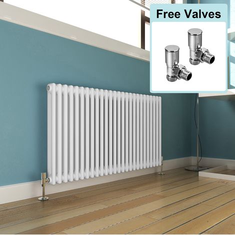 ELEGANT White 600 x 1164 mm Traditional Radiator Cast Iron Style Horizontal Radiator White Double Horizontal Column Radiators + Angled Radiator Valves (1/5)