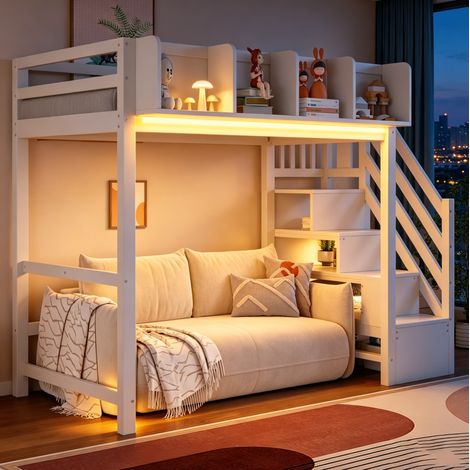 Cama alta 90x200 cm blanca de madera con LED, estantes y escalera con almacenaje (1/5)
