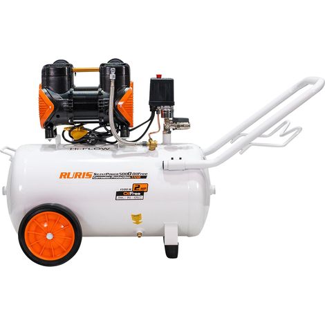RURIS Silent Power 5000OilFree Compresseur Silencieux Sans Huile 1500W 50 L 236 L/min 8 bar 2 Sorties Manometres Protection Surcharge et Surchauffe Roues 6 (1/5)
