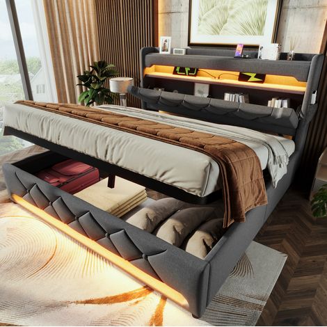 Cama doble con almacenaje LED y USB gris OKMYHOME (1/5)