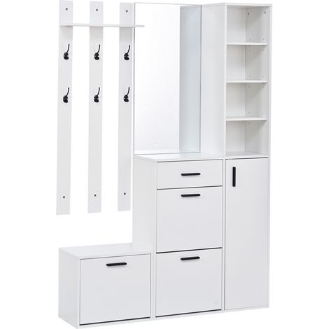 Multifunktionaler Flurschrank mit Schuhregal, Spiegel und Haken, Weiß, 120 x 30 x 178 cm (1/5)