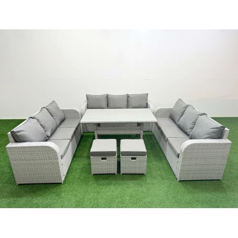 Fimous PE Rattan Lounge Sofa Set 11 Seater Outdoor Garden Furniture Set with Rectangular Dining Table 3 Seater Sofa 2 Stools Light Grey (1/4)