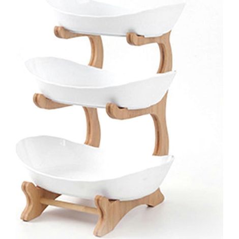 Ensemble de trois bols ovales blancs à fruits avec support en bambou naturel, plateau de service à étages en céramique pour sushis, desserts, fruits et légumes. (1/3)