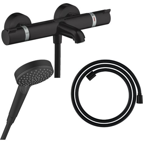 Pack mitigeur bain douche thermostatique HANSGROHE Ecostat Comfort  + Flexible Designflex + Pommeau Vernis Blend Vario noir mat