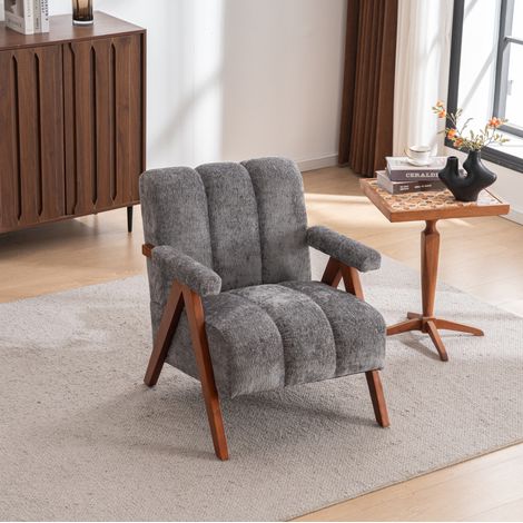 Fauteuil en bouclette, avec accoudoirs et dossier, style mid-century moderne, jaune (1/5)