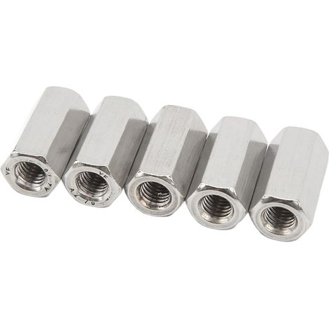 Écrous raccords hexagonaux M10 inoxydable acier inox anti-rouille argenté, lot de 5, pour boulons et goujons (1/5)