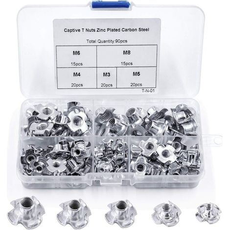 90pcs Ecrou en T 4 Griffes, Ecrous en T en Acier au Carbone, M3/M4/M5/M6/M8, Travail du Bois Meuble, crou Inserts en Acier au Carbone T (1/5)