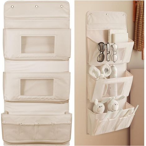 Organisateur de stockage de porte à 3 niveaux - sac de stockage suspendu au mur avec poches en maille et crochets adhésifs 3 pour chambre. salle de bains. armoire - Beige (1/5)