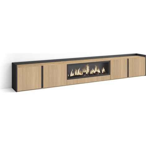 Skraut Home - Mueble TV, Televisión, Muebles de salón, almacenaje, 315x35x50cm, Para TV hasta 80", Chimenea eléctrica XXL, Estilo Moderno, Roble y negro (1/5)