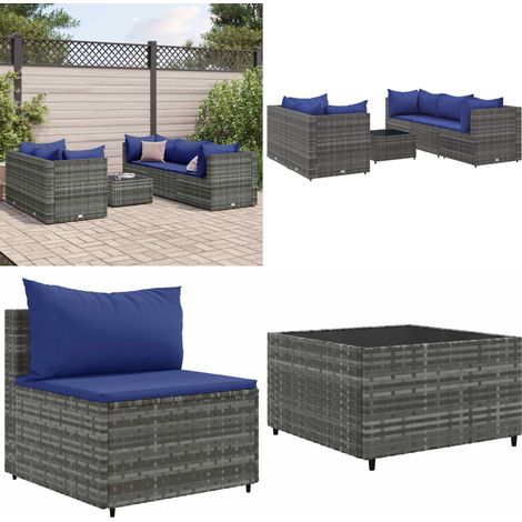 6-tlg. Garten-Lounge-Set mit Kissen Grau Poly Rattan - Gartengeset - Lounge Set - Gartenmöbel - Rattan Möbel - Outdoor Möbel - Home & Living (1/5)