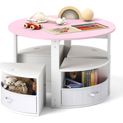 Table Enfant avec 4 Chaises Empilables, 4 Tiroirs en Tissu Pliable, Table d’Activité Ronde, Charge 50/90 pour 3 Ans+ (Rose) (1/5)