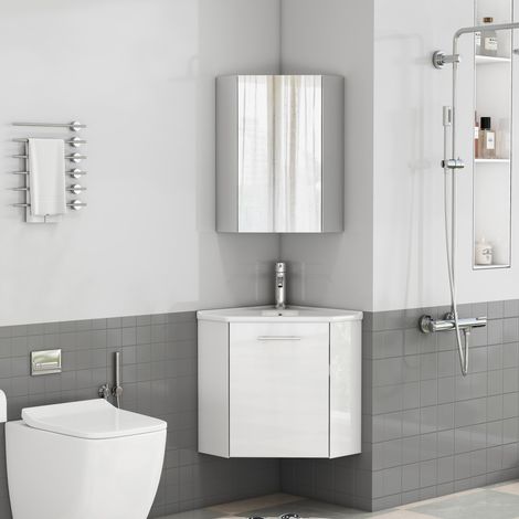 Ensemble salle de bain d'angle blanc, meuble vasque + armoire toilette, lavabo céramique, pare-douche, charnières fermeture douce (1/5)