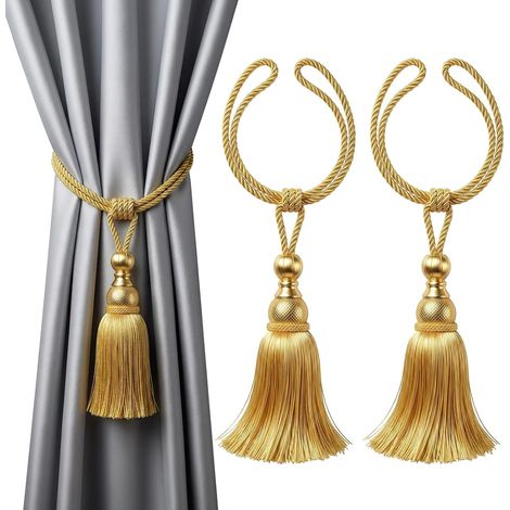 2 embrasses à franges dorées pour rideaux, décoration salon, chambre, bureau, hôtel. (1/5)