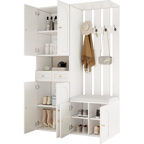 CHICFURN Mobile ingresso 110x37x180 cm in truciolato bianco, scarpiera, panca e 4 ganci (1/5)