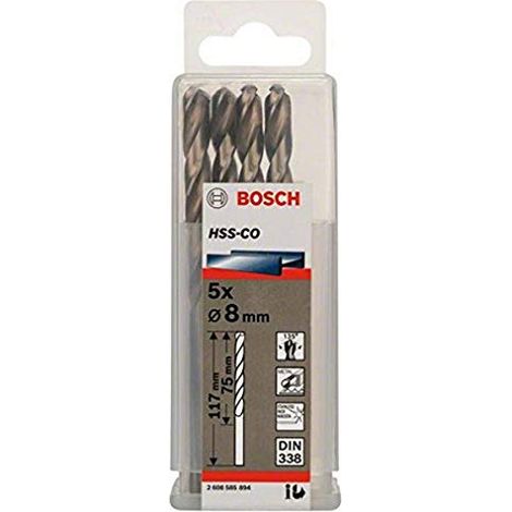 Set di 5 punte elicoidali in acciaio inossidabile PRO HSS-Co, 8 x 75 x 117 mm (1/4)