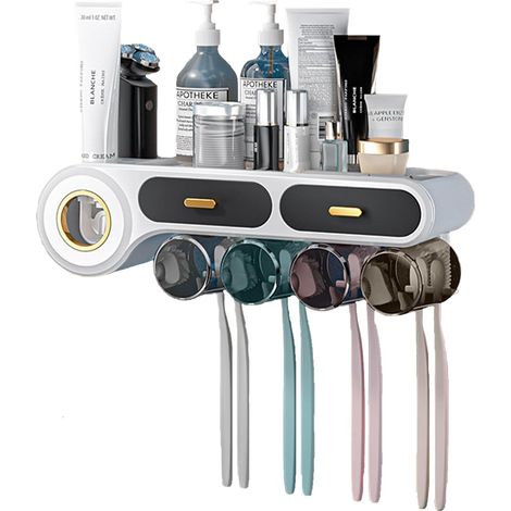 Wandmontierter Halter für elektrische Zahnbürsten, Zahnpastaspender + Becher + Schublade, ABS, kein Bohren erforderlich