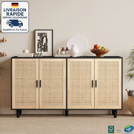 MODFU - Buffet de cuisine 4 portes, meuble de rangement d'entrée de salon, meuble haut, porte en rotin, couleur naturelle, 158×40×88cm (1/5)