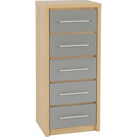 Seconique Seville Grey Gloss & Oak 5 Drawer Tall Narrow Chest (1/5)