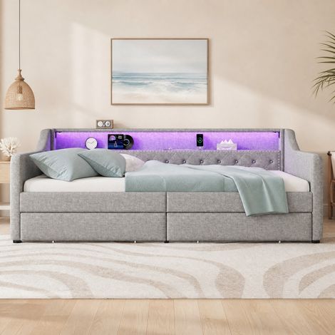 MEUBLIV Bettgestell 90x200 cm grau – LED, 2 Schubladen, USB, mit Stauraum, ohne Matratze (1/5)