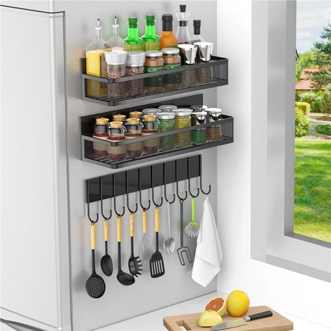 Étagère Magnétique,Lot de 3 étagères magnétiques à épices pour réfrigérateur,Porte Épices Magnétique Frigo pour Le Rangement et l'organisation de la Cuisine(Noir) (1/4)