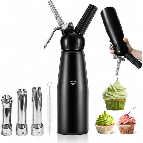 Siphon Chantilly, 500 ML, Syphon Cuisine Chantilly, pour Chantilly, Mousse, Desserts, avec 3 Embouts + 1 Brosse Nettoyage, Acier Inoxydable (1/5)