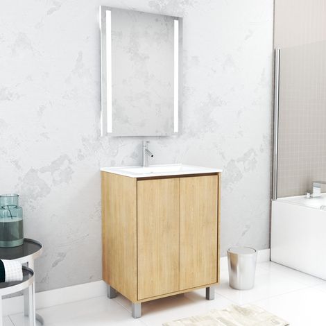 Pack Mueble de Baño 60cm Roble Claro 2 Puertas, Lavabo, Espejo 60x80 con luz Led integrada (1/5)