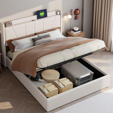 Letto contenitore matrimoniale 160x200 cm - con interfaccia 2USB+1type-c - letto imbottito - con funzione di sollevamento idraulico - con spazio di stoccaggio - materiale lino - adatto ad adulti e ado