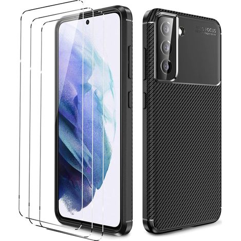 CUSTODIA IN SILICONE PER SAMSUNG GALAXY S21 FE 5G NERO CARBONIO 3x VETRO (1/5)