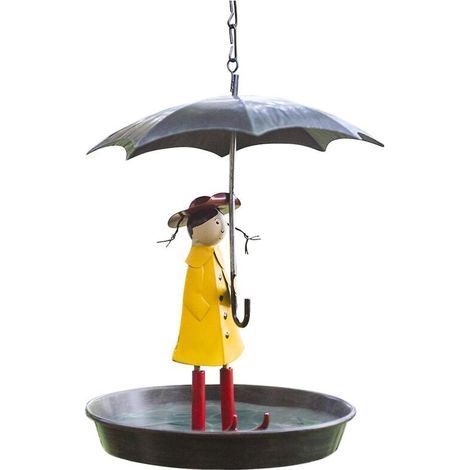 – Mangeoire à oiseaux en métal avec chaîne suspendue – Design fille et parapluie – Hauteur 25 cm, diamètre 11,5 cm – Décoration extérieure