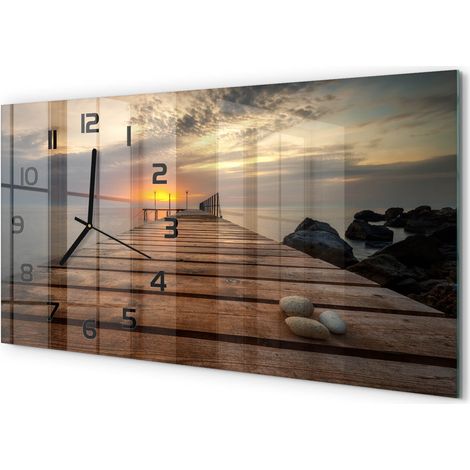 Horloge Murale Panoramique Moderne 60x30 cm Verre Trempé Sans Tic-Tac Pont en bois (1/5)