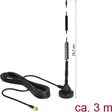 Delock Antena LTE macho SMA 5 dBi omnidireccional fija con base magnÃ©tica y cable de conexiÃ³n (RG-174, 3 m) para exteriores negro