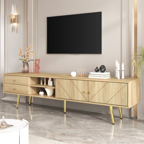 Meuble TV avec 2 Portes, 2 Tiroirs et 2 Niches Ouvertes, Pieds Métal Doré, Style Moderne, 160×36×42 cm, Bois (1/5)