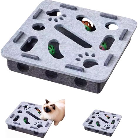 Jeu interactif pour chat - Boîte labyrinthe en feutrine avec 3 balles à hochet pour chats et chatons d'intérieur  Stimulation mentale, ralentissement de l'alimentation, exercice ludique et instincts d
