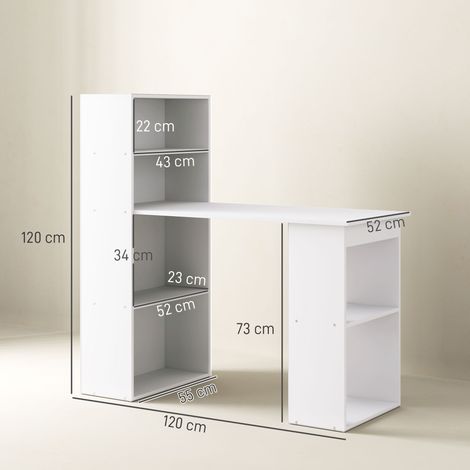 Scrivania, scrivania da ufficio, scrivania per computer, 2 ripiani, 5 ripiani, 120 cm x 55 cm x 120 cm, bianca