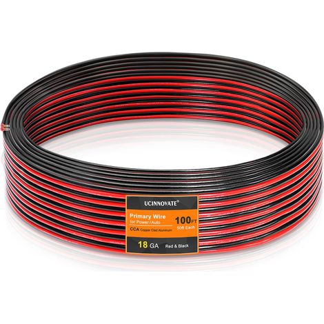Fil électrique de calibre 18 - 30,5 m (rouge 15,2 m + noir 15,2 m) - Câble automobile en PVC CCA - Fil basse tension 12 V - Gaine en cuivre - Fil d'aluminium pour sonnette de porte, lampe LED (1/5)